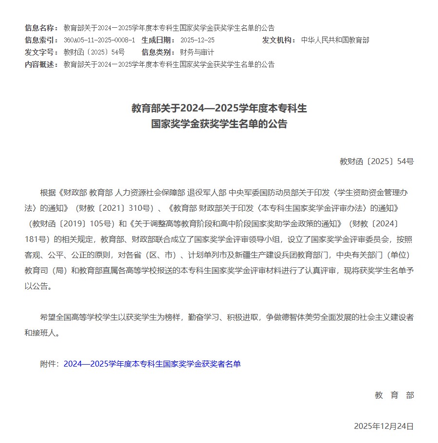 【榜样引领】优秀！教育部公布2024—2025学年度本专科生国家奖学金获奖学生名单，77名beat365学子荣获国家奖学金！