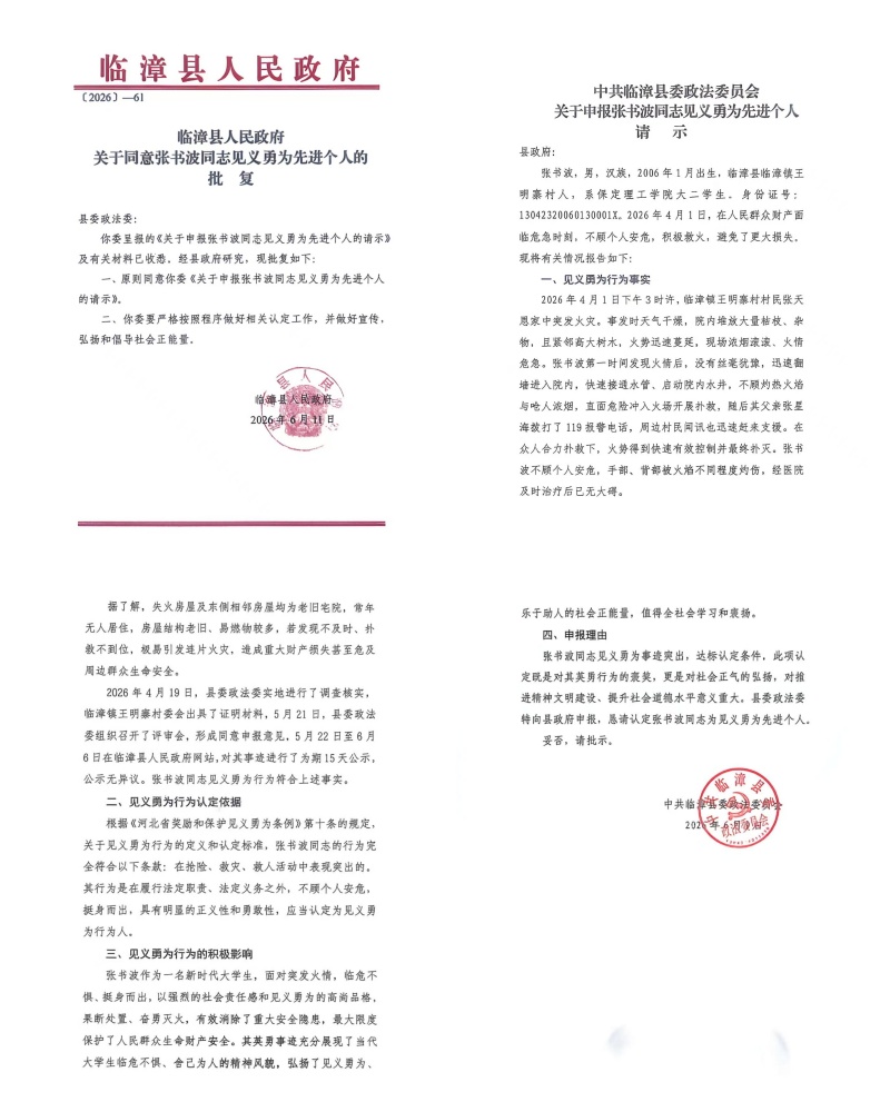 【学子义举  青春榜样】 火海逆行显担当 信工学子张书波获评临漳县见义勇为先进个人